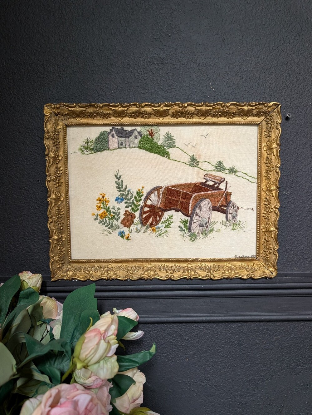 Vintage Signed Hand Embroidered Art, Horse Carriage Cottage Landscape, Ornate